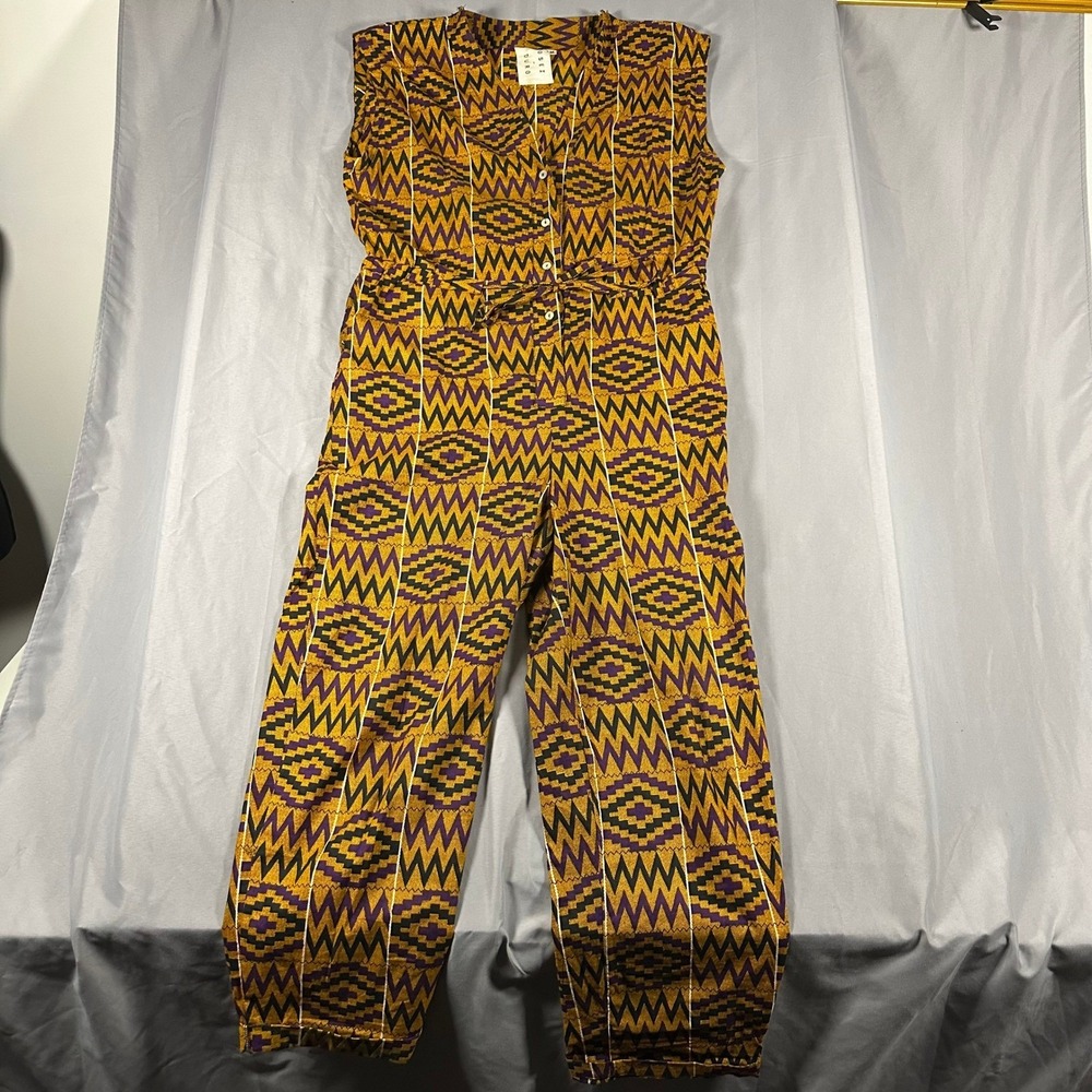 Osei Duro Womens Batik Print Sleeveless Medium Jumpsuit Mustard Purple Geometric